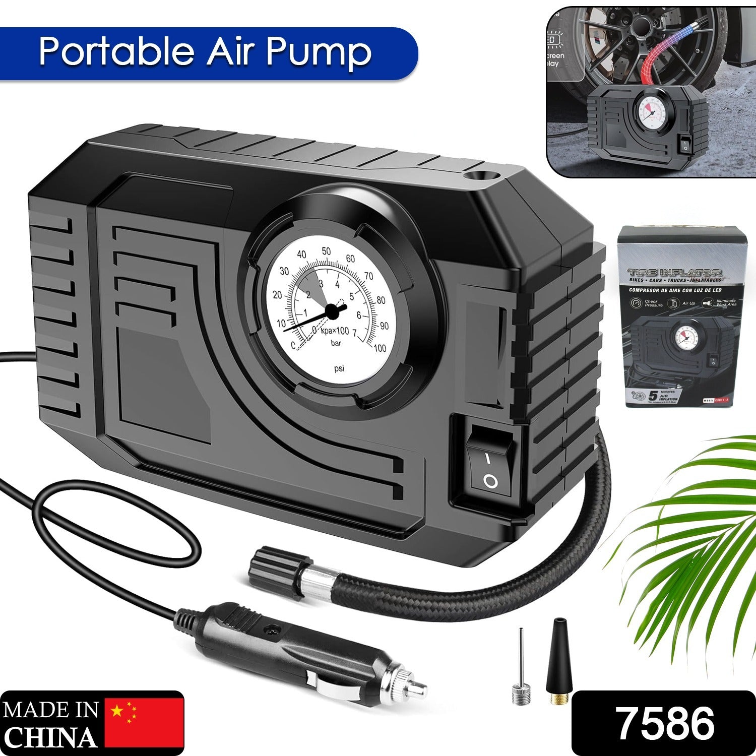 7586 Tire Inflator Portable Air Compressor 12V Small Air Pump for Car Tires Bicycle Balloons, Cars, Bike, Bicycles and Other Inflatables with LED Light (12V) 7586 Tire Inflator Portable Air Compressor 12V Small Air Pump for Car Tires Bicycle Balloons, Cars, Bike, Bicycles and Other Inflatables with LED Light (12V)